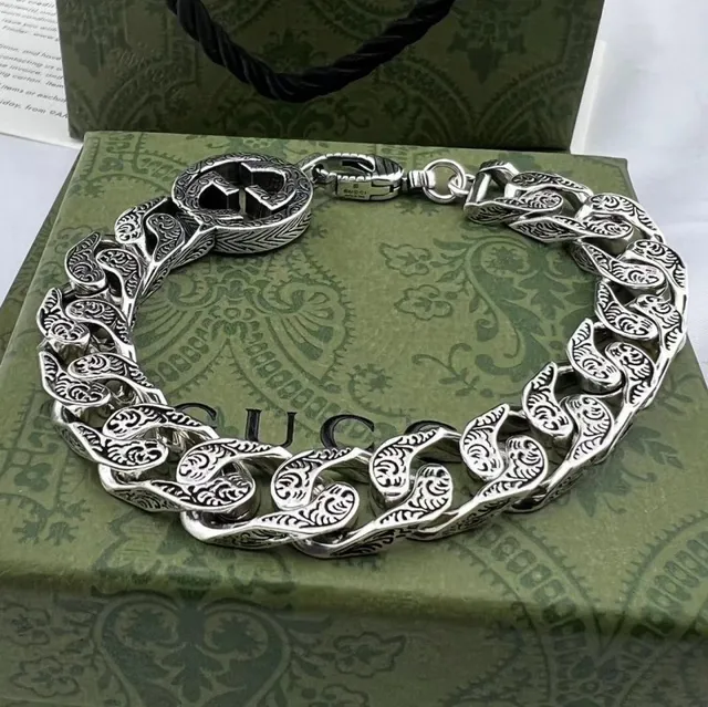 Gucci Silver Ornate Paisley-Engraved Links Interlocking G Clasp Bracelet 6