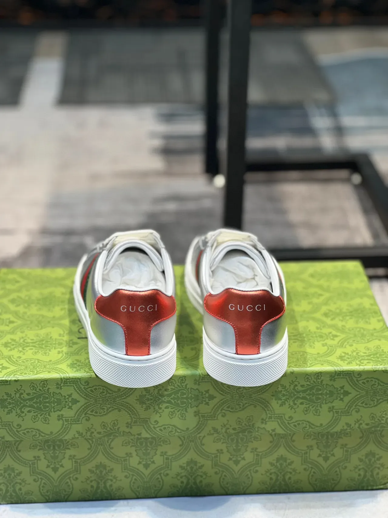 Gucci Silver Red Metallic Leather Web Stripe Lifestyle Sneakers 2