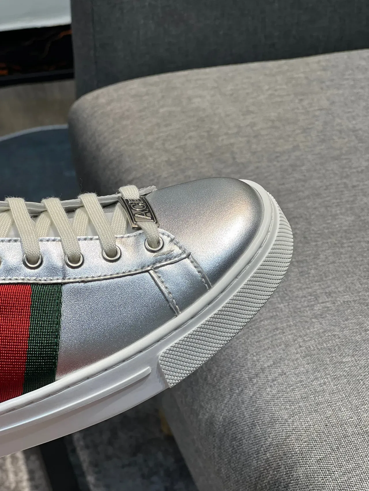 Gucci Silver Red Metallic Leather Web Stripe Lifestyle Sneakers 3
