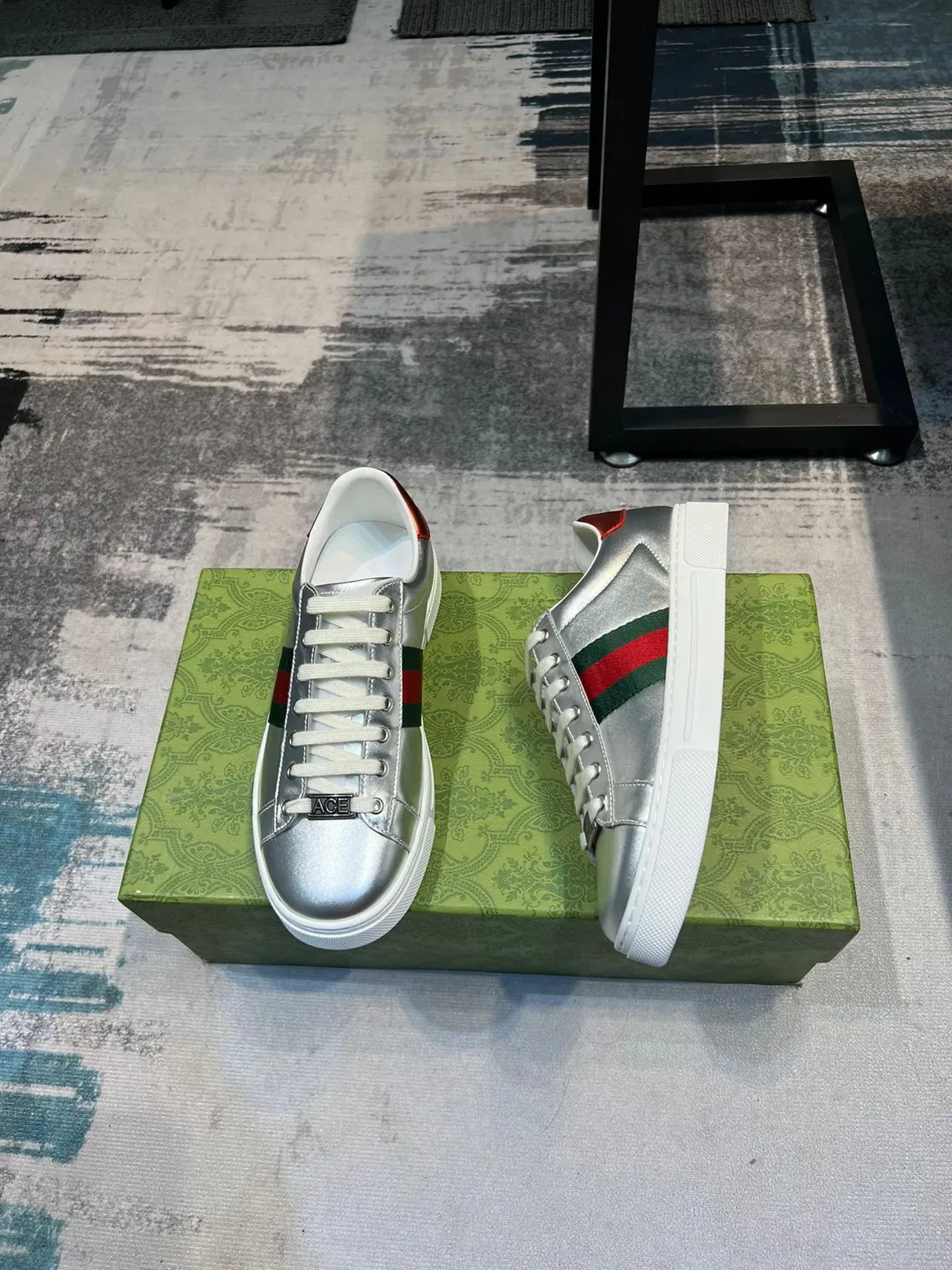 Gucci Silver Red Metallic Leather Web Stripe Lifestyle Sneakers 4