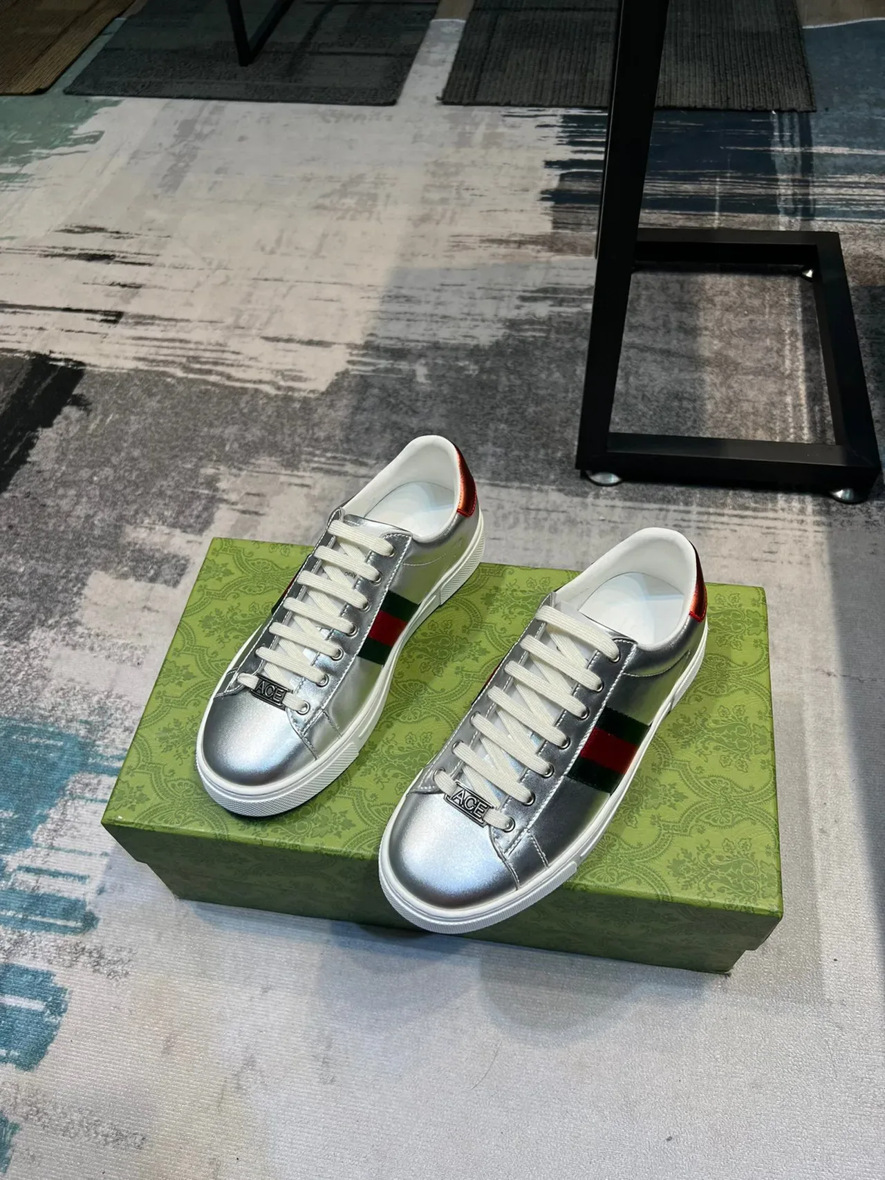 Gucci Silver Red Metallic Leather Web Stripe Lifestyle Sneakers 5