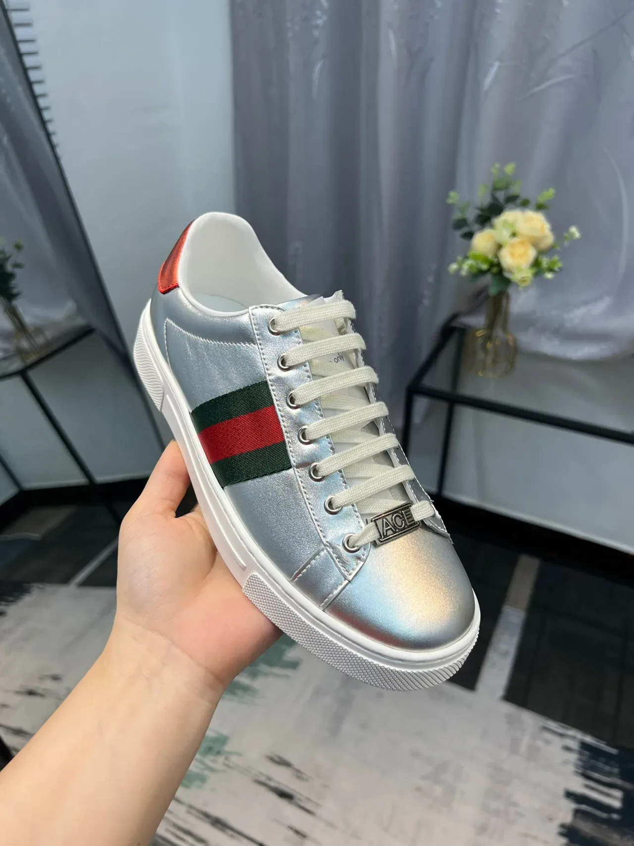 Gucci Silver Red Metallic Leather Web Stripe Lifestyle Sneakers 6