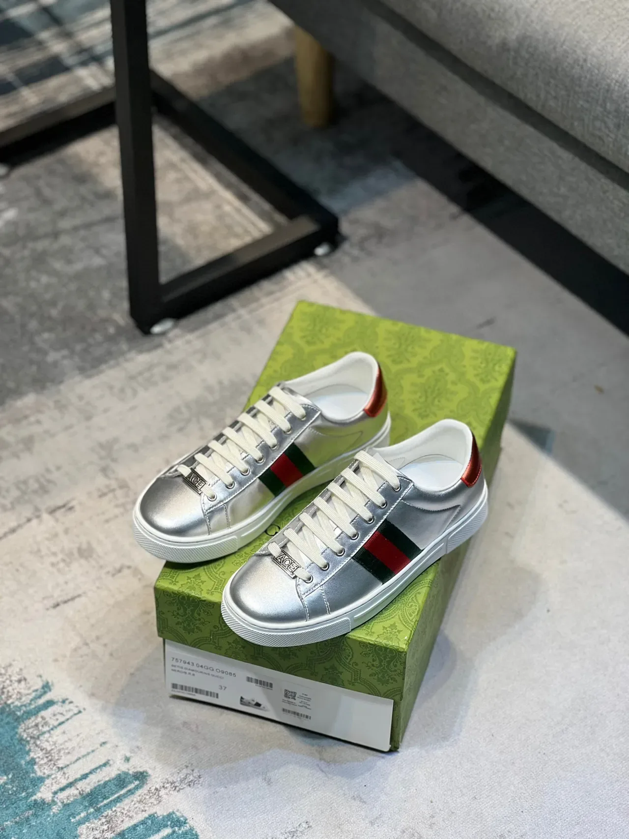 Gucci Silver Red Metallic Leather Web Stripe Lifestyle Sneakers 7