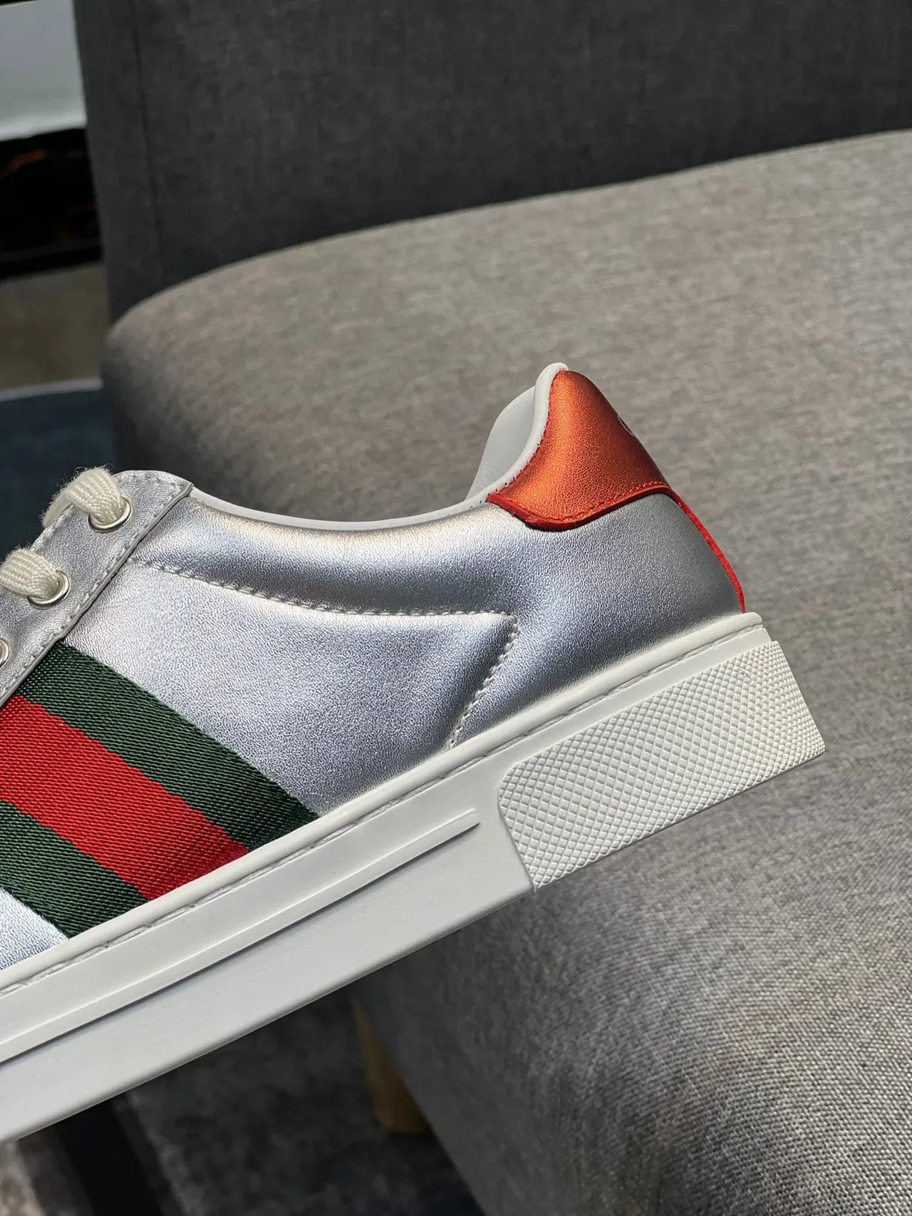 Gucci Silver Red Metallic Leather Web Stripe Lifestyle Sneakers 8