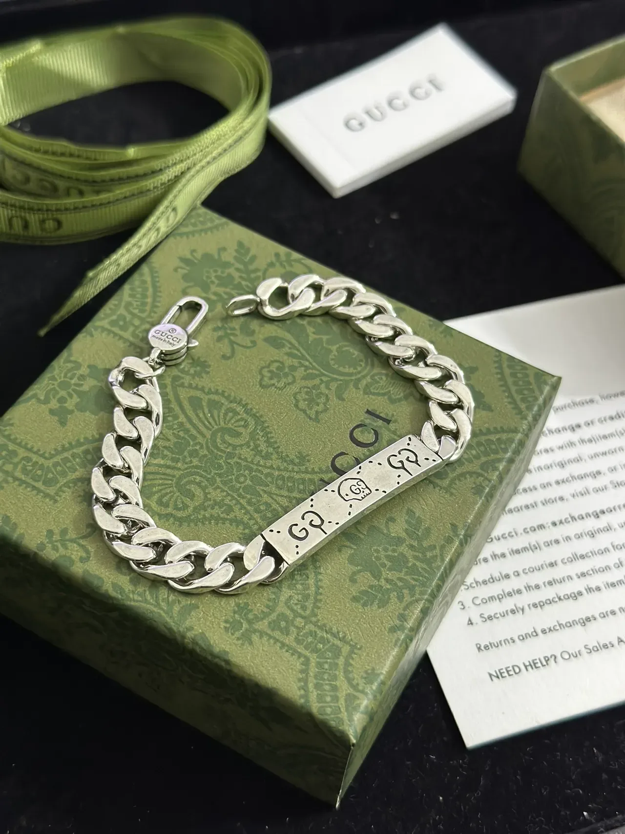 Gucci Skull GG Engraved Curb-Link Silver Bracelet 3