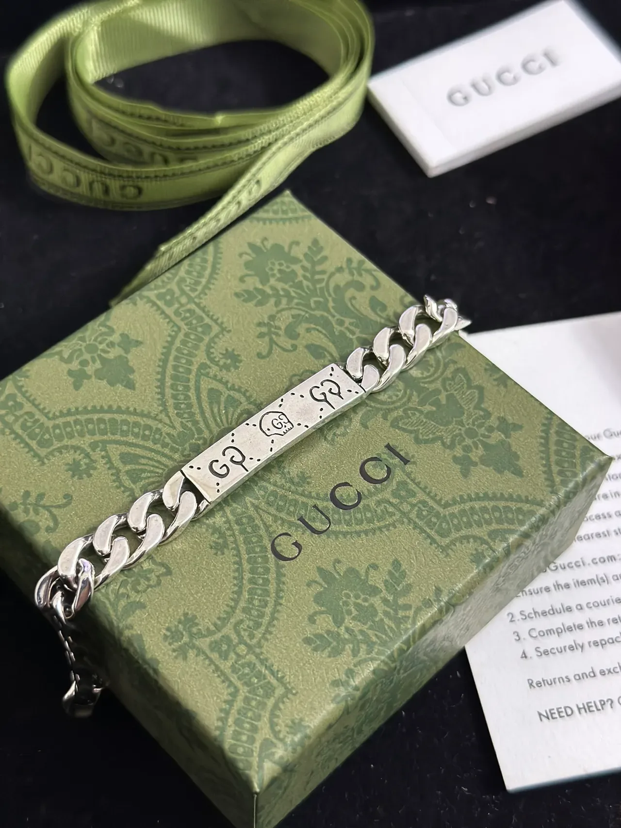 Gucci Skull GG Engraved Curb-Link Silver Bracelet 4