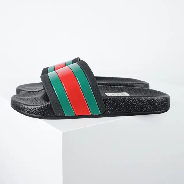 Gucci Slide Black Multicolor Molded Rubber Sole Web Stripe Strap Slippers 1