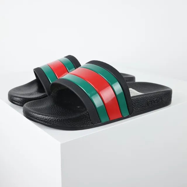 Gucci Slide Black Multicolor Molded Rubber Sole Web Stripe Strap Slippers 2