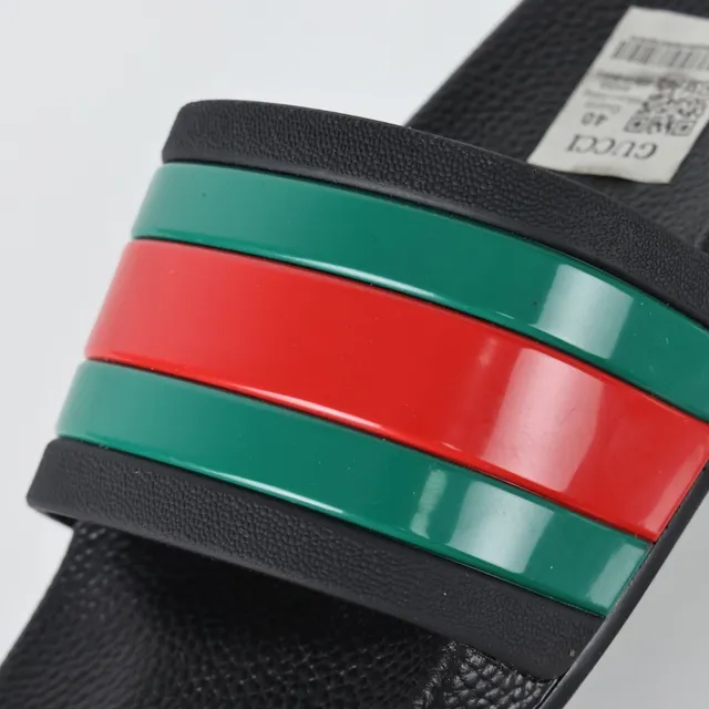 Gucci Slide Black Multicolor Molded Rubber Sole Web Stripe Strap Slippers 6