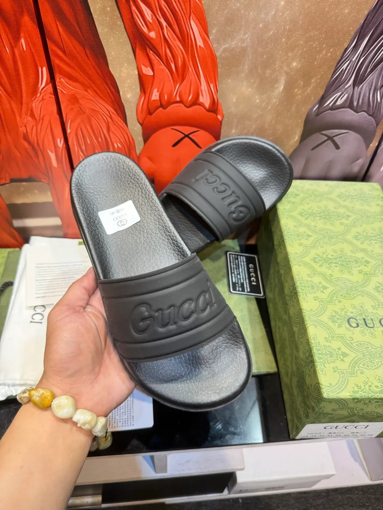 Gucci Slide Black Multicolor Single-Strap Embossed Logo Slippers 4