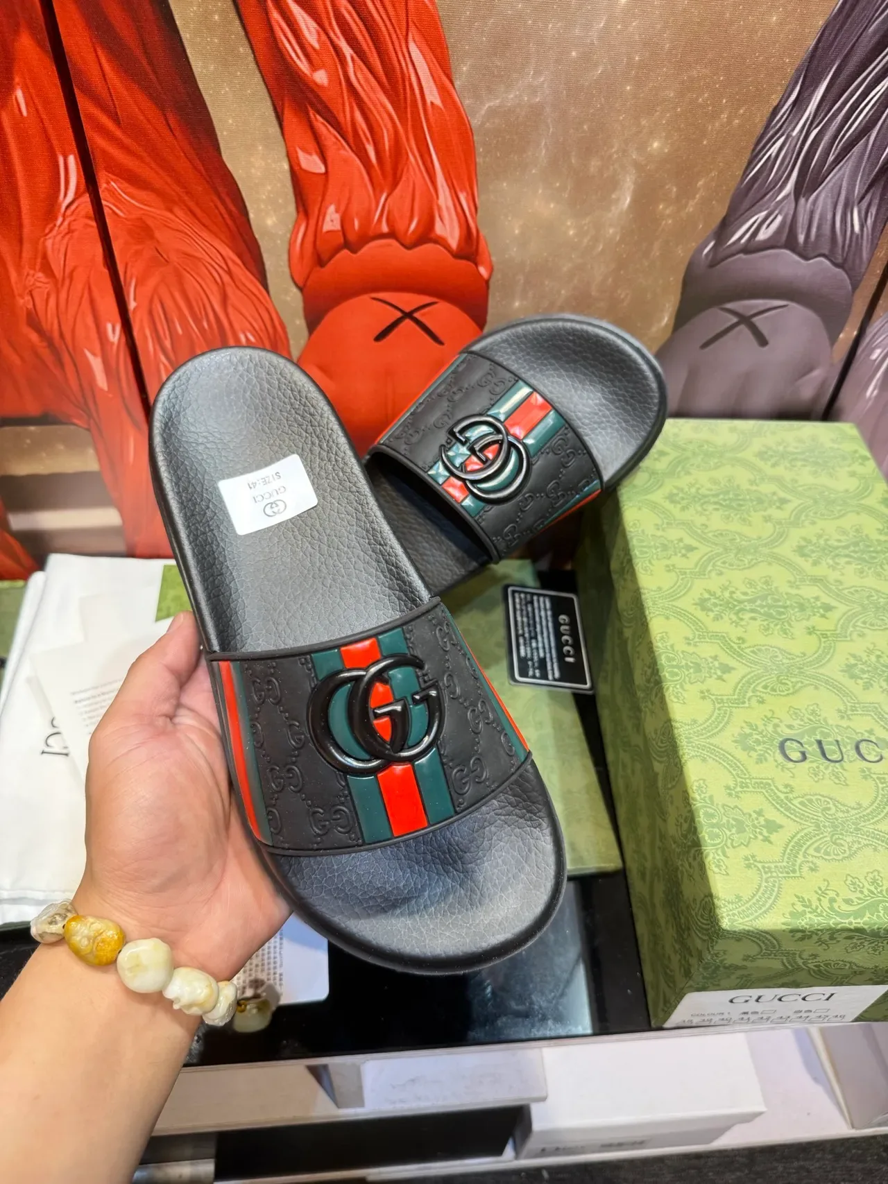 Gucci Slide Black Multicolor Single-Strap Embossed Logo Slippers 6