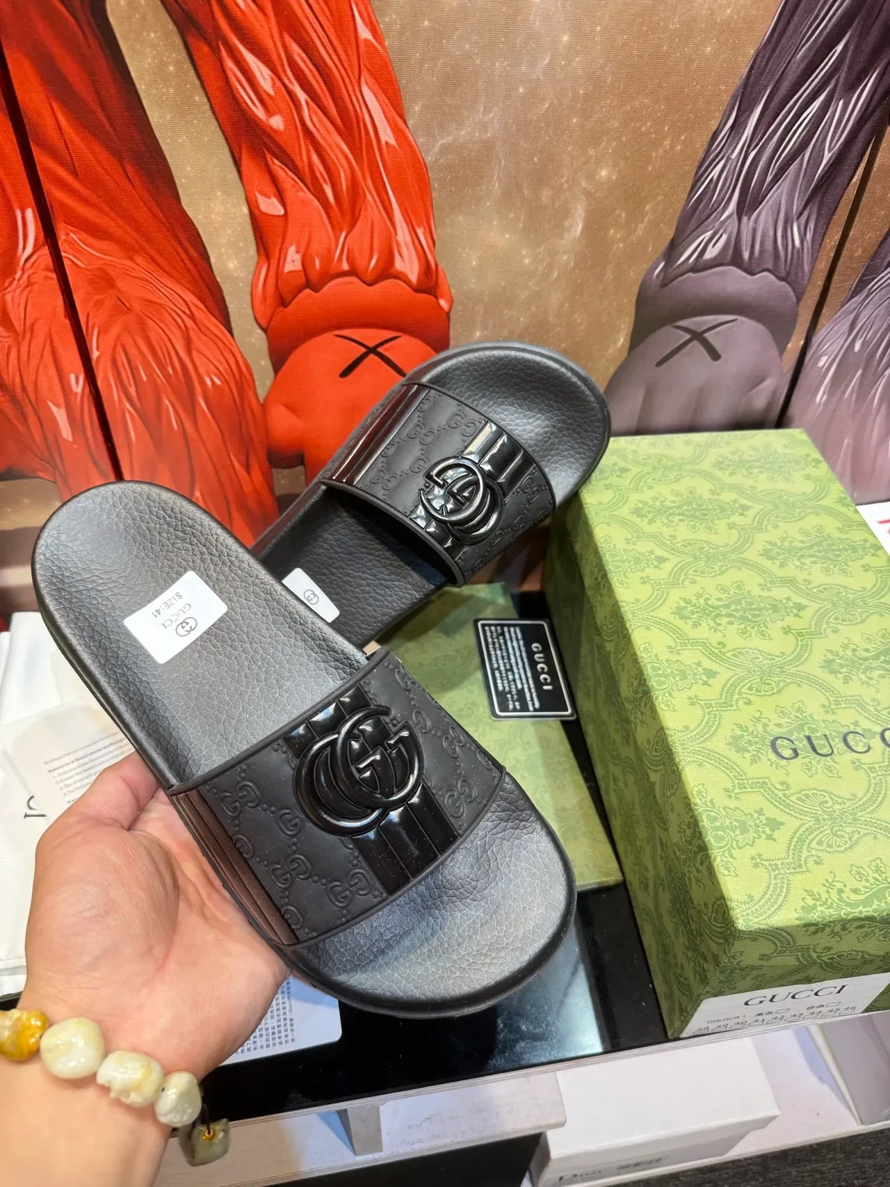 Gucci Slide Black Multicolor Single-Strap Embossed Logo Slippers 7