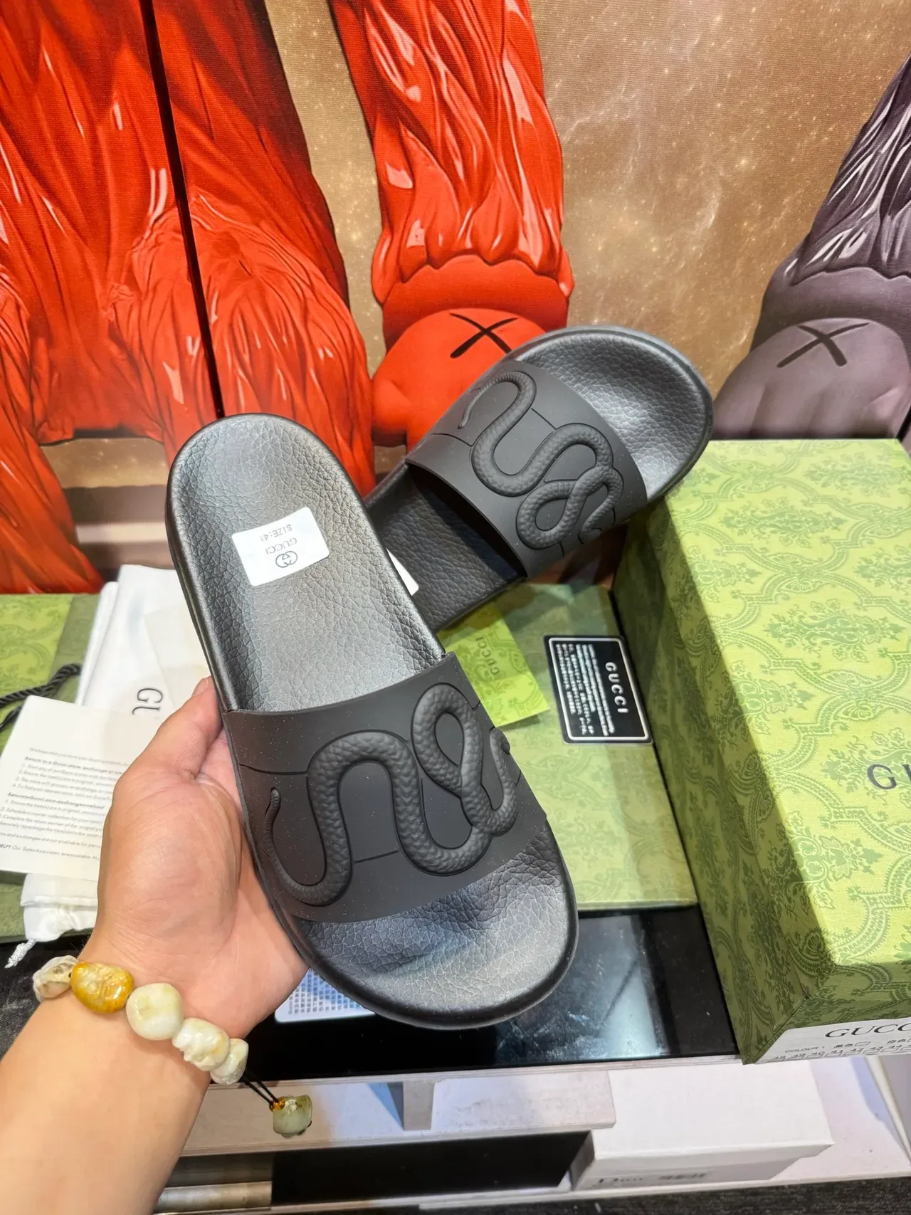 Gucci Slide Black Multicolor Single-Strap Embossed Logo Slippers 17
