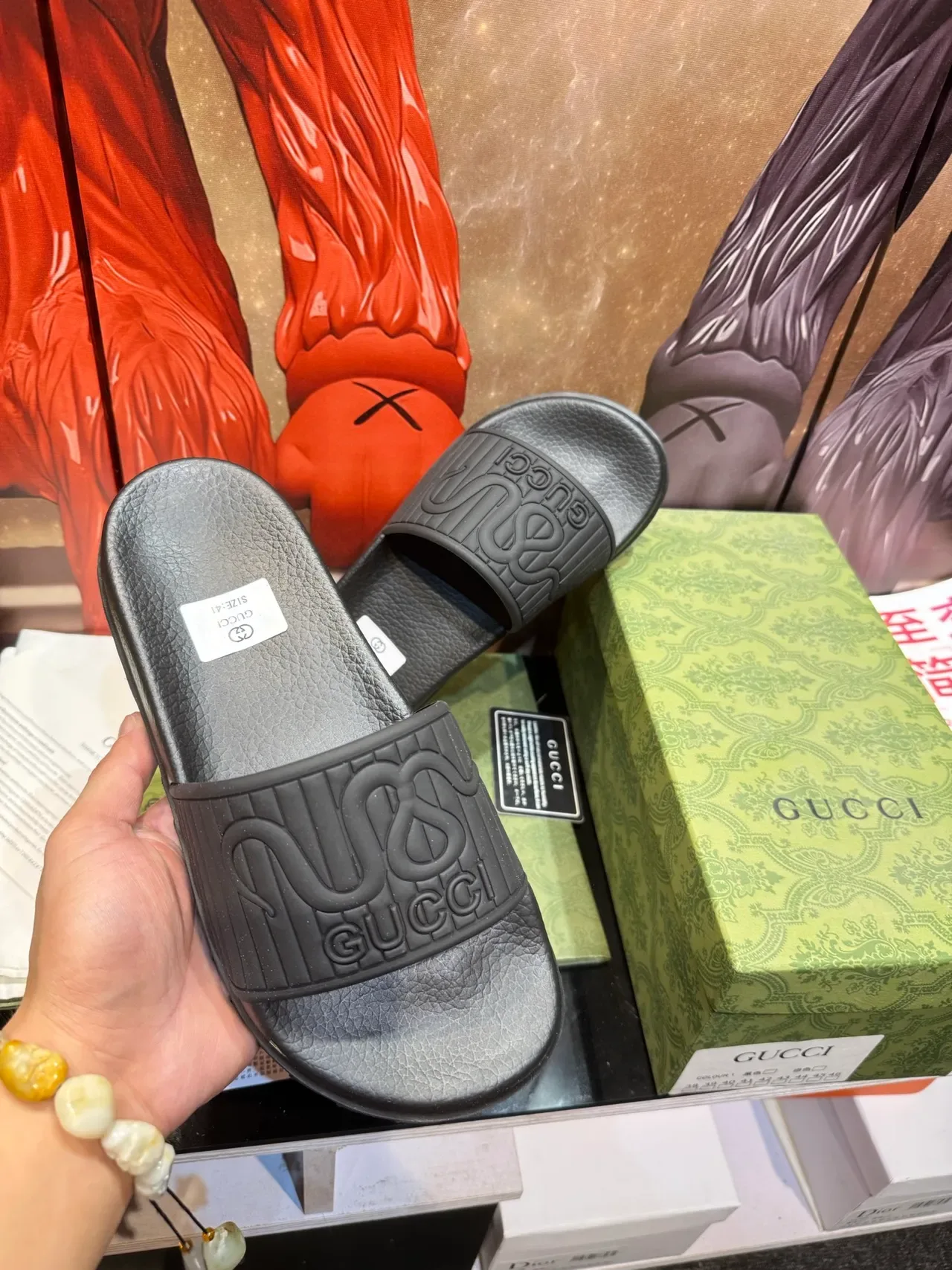 Gucci Slide Black Multicolor Single-Strap Embossed Logo Slippers 22