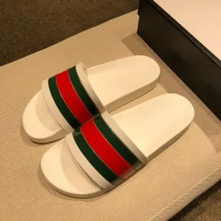 Gucci Slide White Red Green Web Stripe Slippers