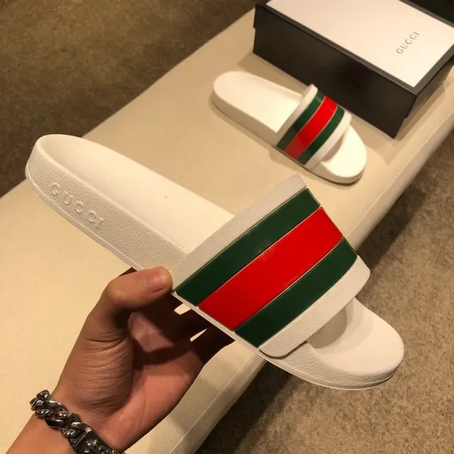 Gucci Slide White Red Green Web Stripe Slippers 7