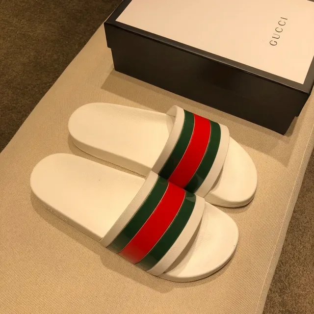 Gucci Slide White Red Green Web Stripe Slippers 9