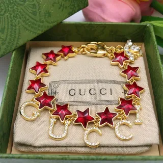 Gucci Star and Crystal Alphabet Red Gold Chain Faceted Stars Bracelet