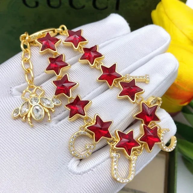 Gucci Star and Crystal Alphabet Red Gold Chain Faceted Stars Bracelet 5