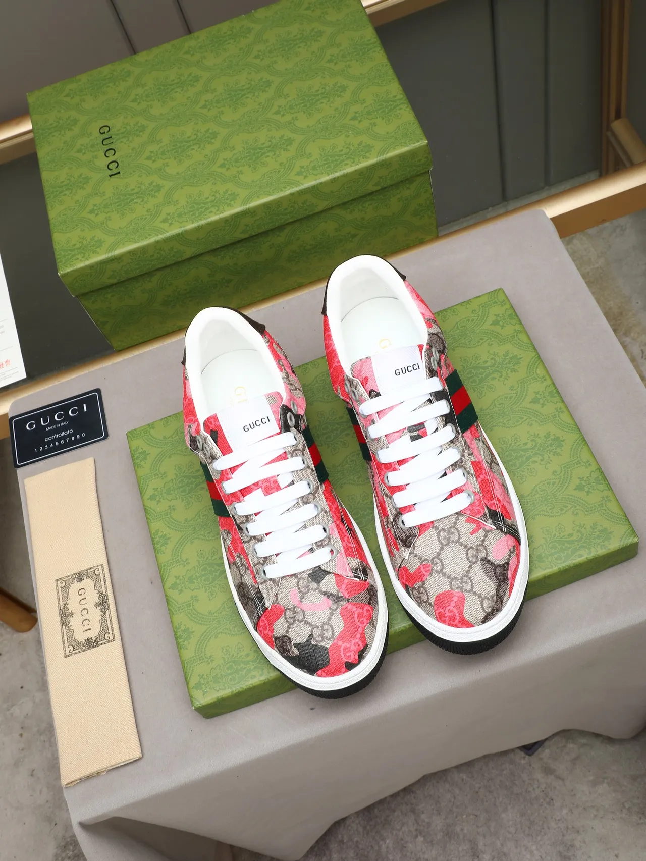 Gucci Tennis 1977 GG Monogram Canvas Green-Red Web Stripe Lifestyle Sneakers 2