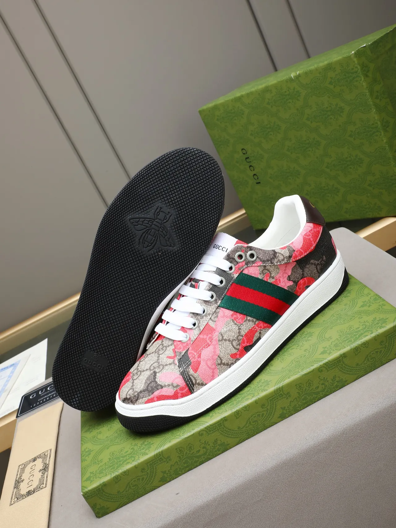 Gucci Tennis 1977 GG Monogram Canvas Green-Red Web Stripe Lifestyle Sneakers 4
