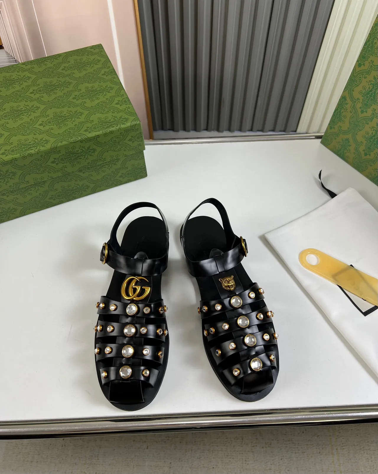 Gucci Tiger-Embellished Gladiator Sandal Black Gold Multi-Strap Gladiator Sandals 2