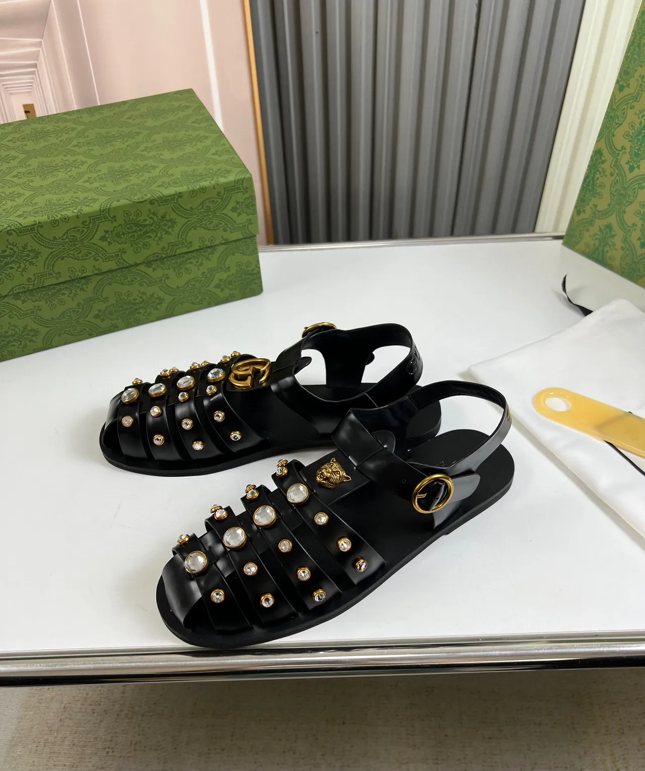 Gucci Tiger-Embellished Gladiator Sandal Black Gold Multi-Strap Gladiator Sandals 3