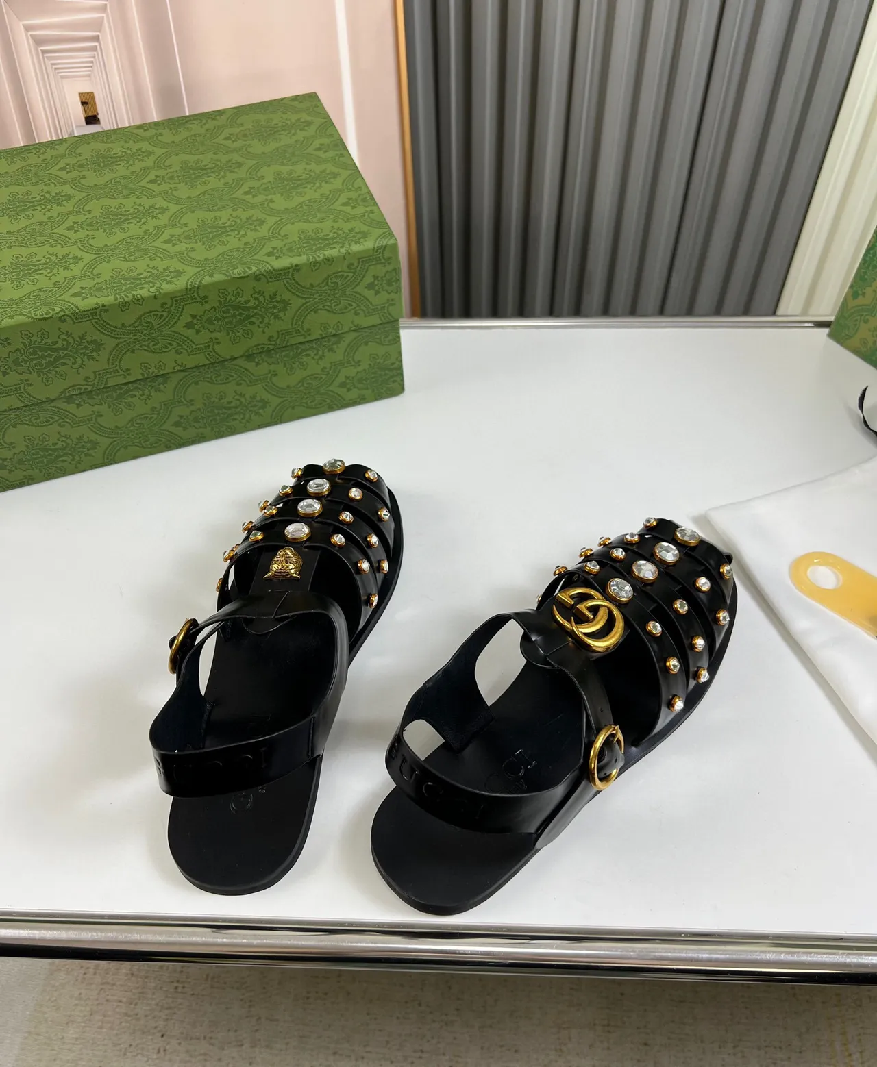 Gucci Tiger-Embellished Gladiator Sandal Black Gold Multi-Strap Gladiator Sandals 4