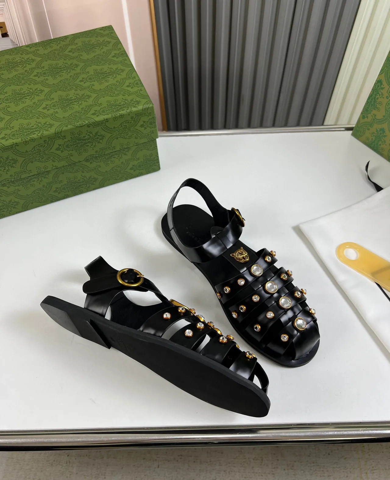 Gucci Tiger-Embellished Gladiator Sandal Black Gold Multi-Strap Gladiator Sandals 5