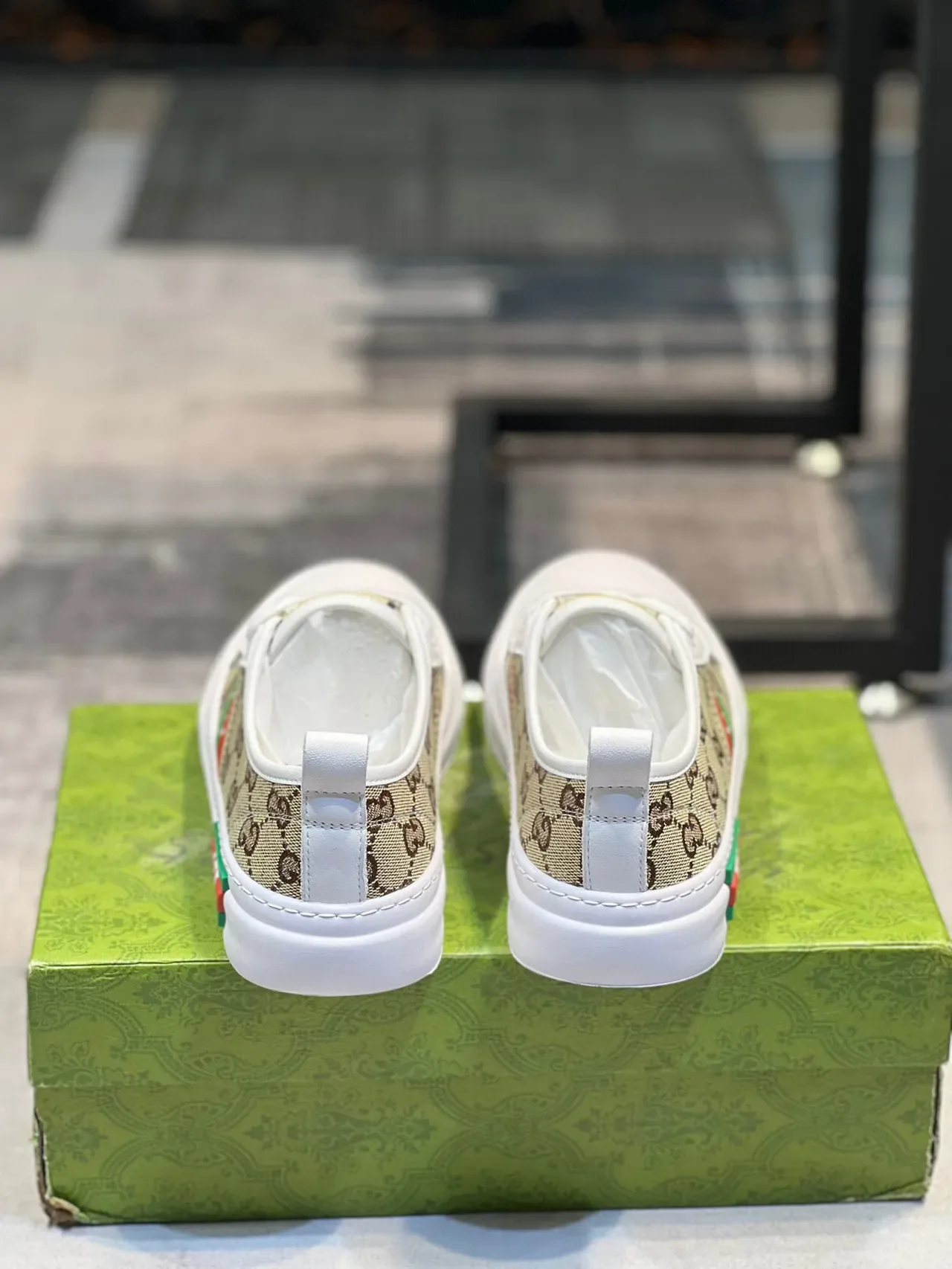 Gucci White Beige GG Monogram Canvas Red-Green Web Stripe Lifestyle Sneakers 2