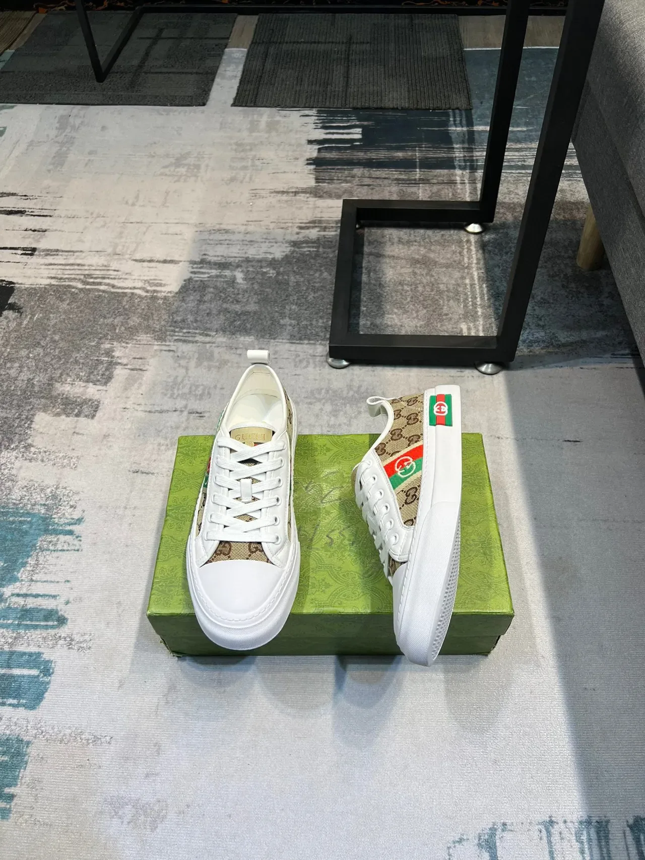 Gucci White Beige GG Monogram Canvas Red-Green Web Stripe Lifestyle Sneakers 4