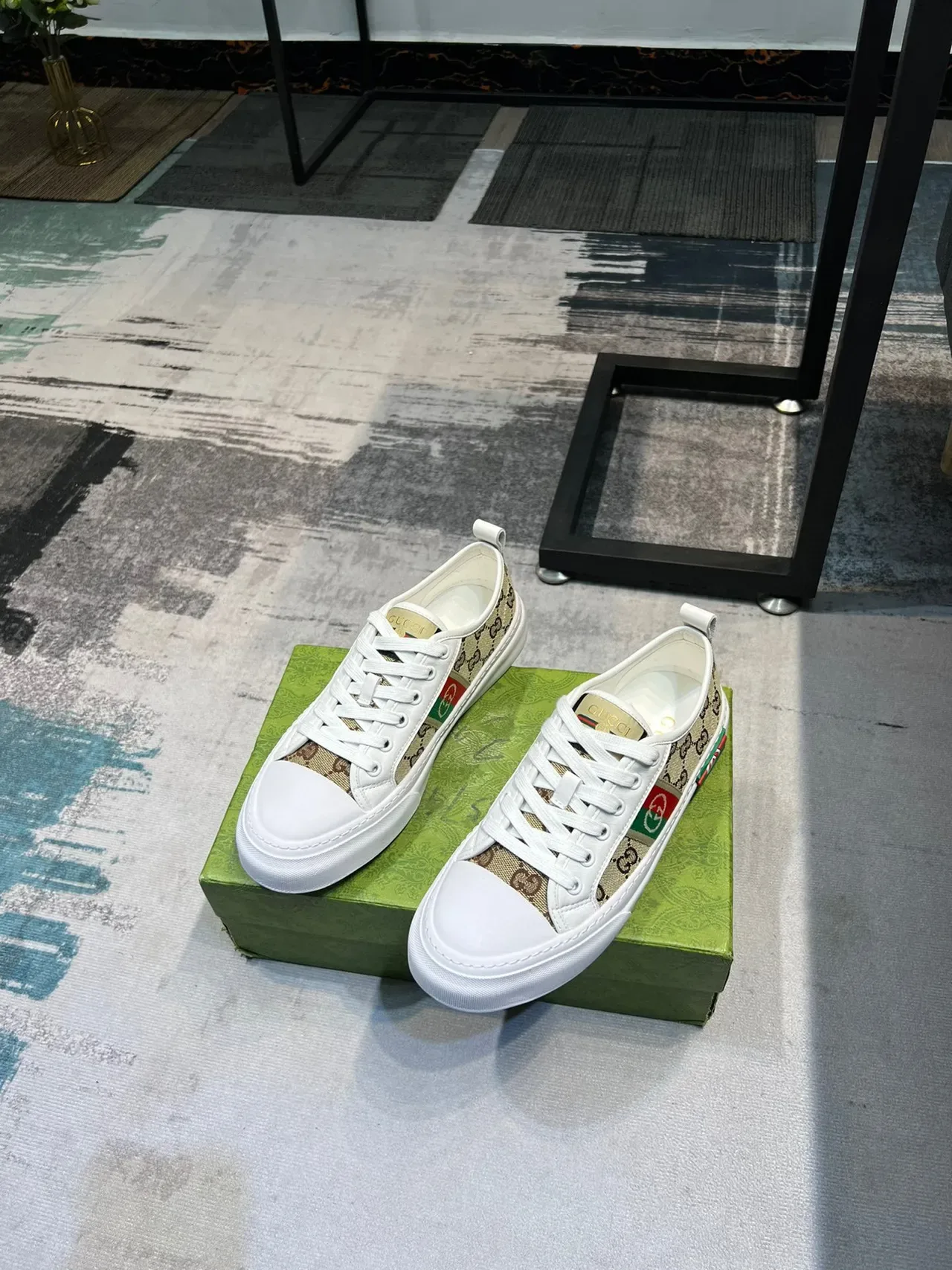 Gucci White Beige GG Monogram Canvas Red-Green Web Stripe Lifestyle Sneakers 5
