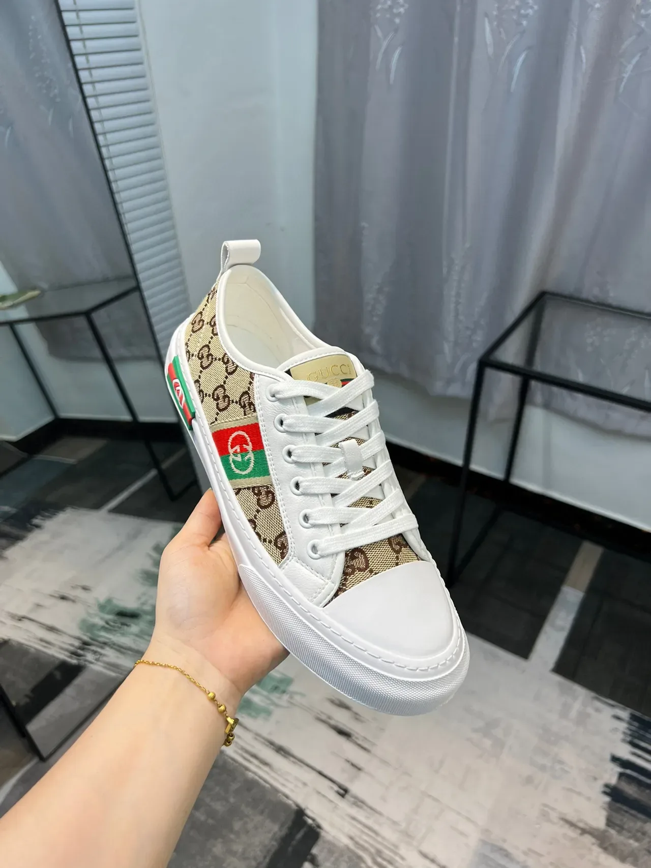 Gucci White Beige GG Monogram Canvas Red-Green Web Stripe Lifestyle Sneakers 6