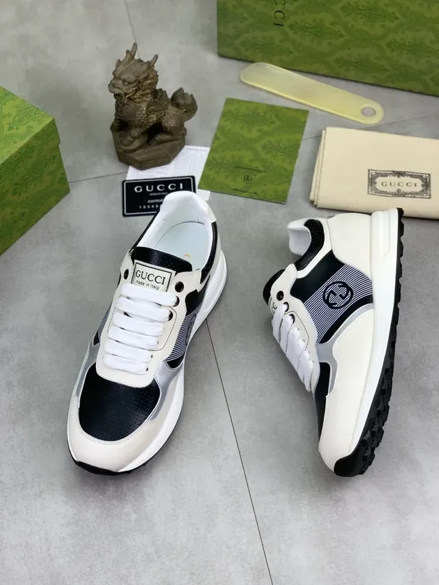 Gucci Branco e Preto Tênis Lifestyle com Cabedal estratificado de materiais mistos e ponta de couro perfurado 5