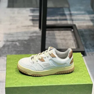 Gucci White Brown Perforated Toe Layered Panel Construction Lifestyle Sneakers