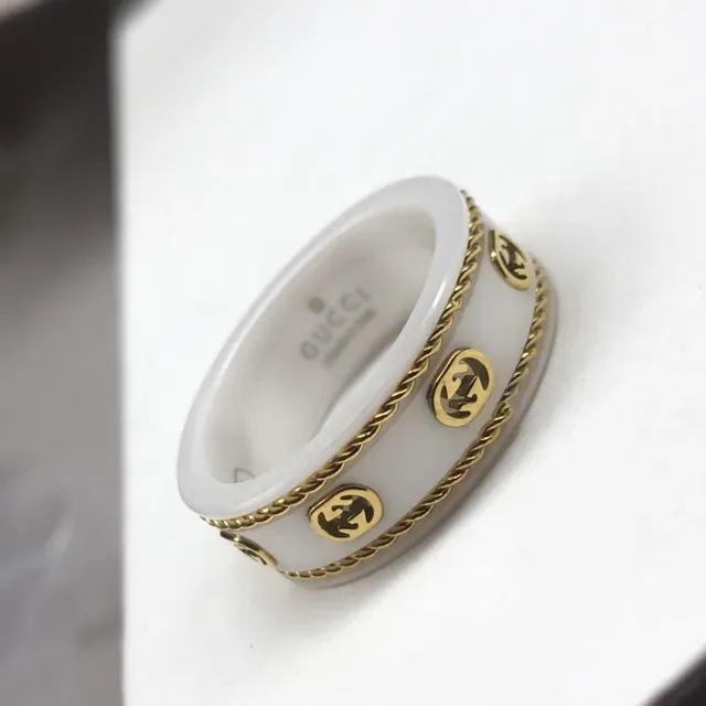 Gucci White Gold Ceramic Band Rope Trim Ring 3