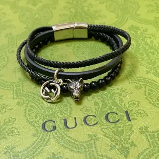 Gucci Wolf Head Bracelet Black Silver Multi-Strand Braided Leather Bracelet