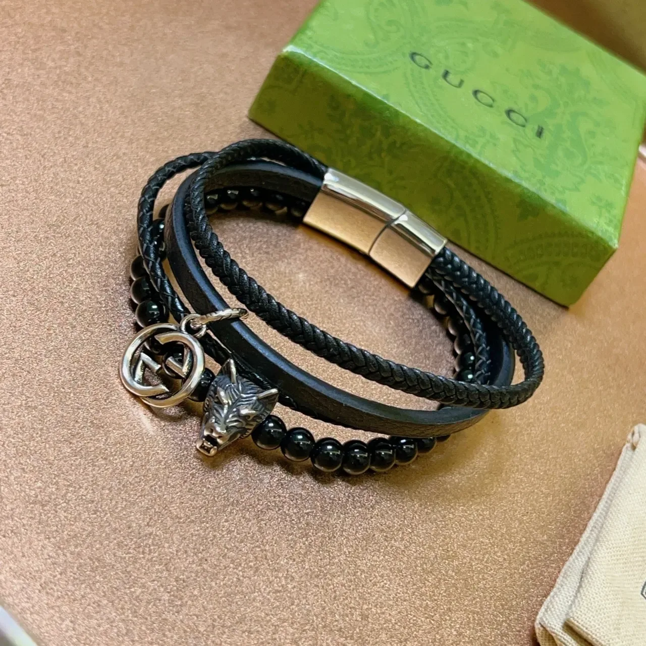 Gucci Wolf Head Bracelet Black Silver Multi-Strand Braided Leather Bracelet 2