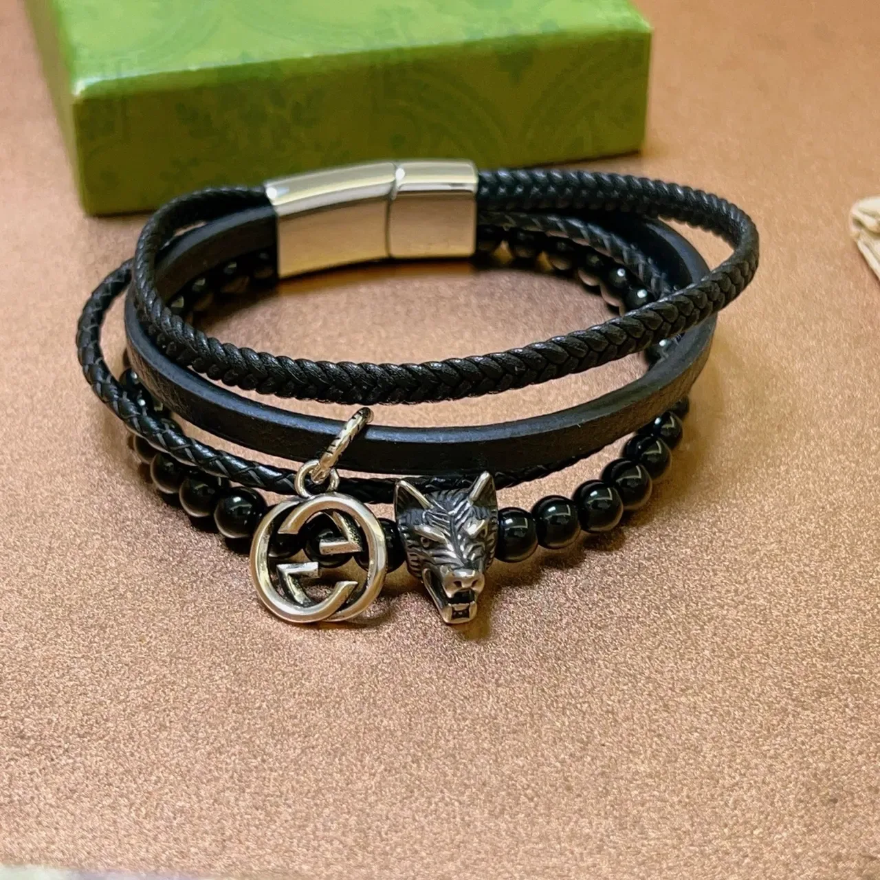 Gucci Wolf Head Bracelet Black Silver Multi-Strand Braided Leather Bracelet 4