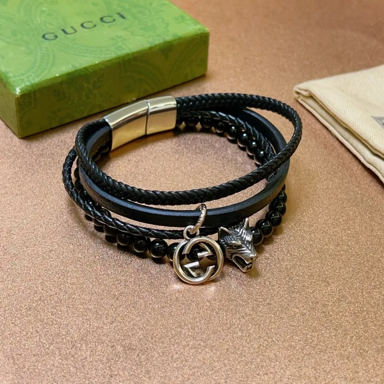 Gucci Wolf Head Bracelet Black Silver Multi-Strand Braided Leather Bracelet 5