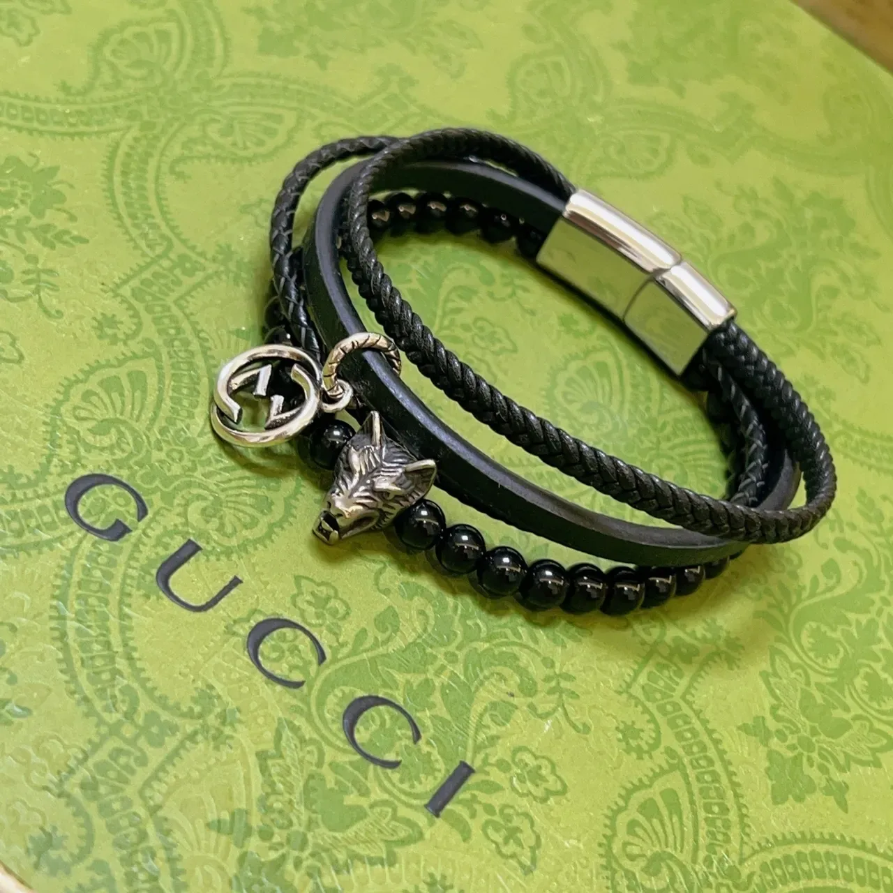 Gucci Wolf Head Bracelet Black Silver Multi-Strand Braided Leather Bracelet 6