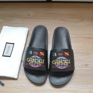 Gucci Worldwide Slide Black Embroidered Globe Slippers