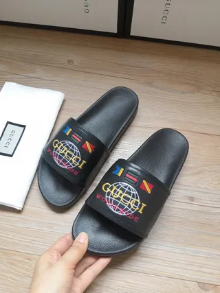 Gucci Worldwide Slide Black Embroidered Globe Slippers 3
