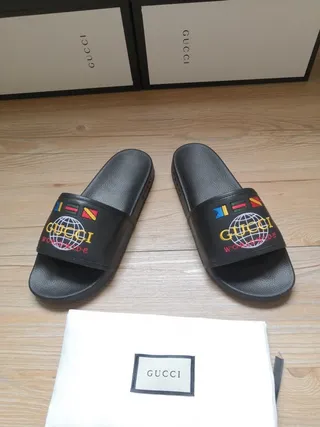 Gucci Worldwide Slide Black Embroidered Globe Slippers 4