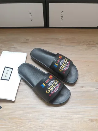Gucci Worldwide Slide Black Embroidered Globe Slippers 5