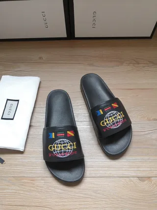 Gucci Worldwide Slide Black Embroidered Globe Slippers 6