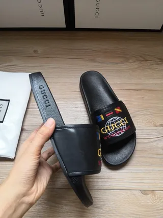 Gucci Worldwide Slide Black Embroidered Globe Slippers 7