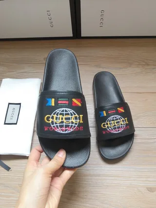 Gucci Worldwide Slide Black Embroidered Globe Slippers 8