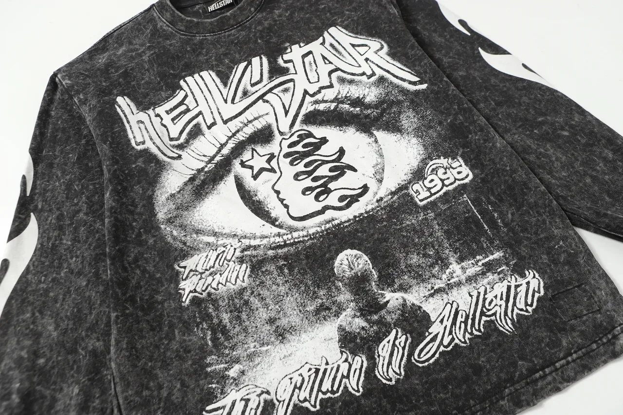 Camiseta Hellstar de manga larga con lavado ácido y estampado gráfico 18