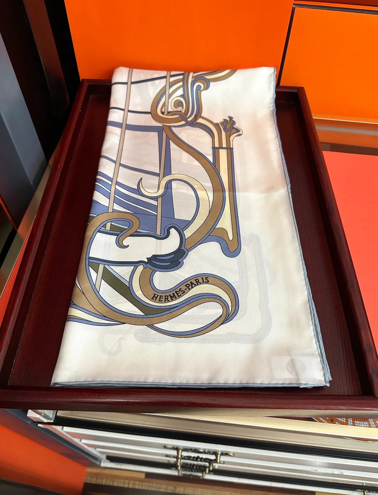 Hermès بيج أزرق طباعة فن نوفا قاعدة كريم وشاح حرير 8